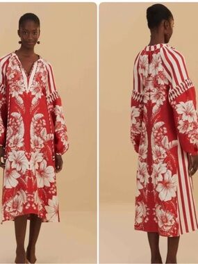 FARM Rio Red and White Floral-Striped Midi Dress